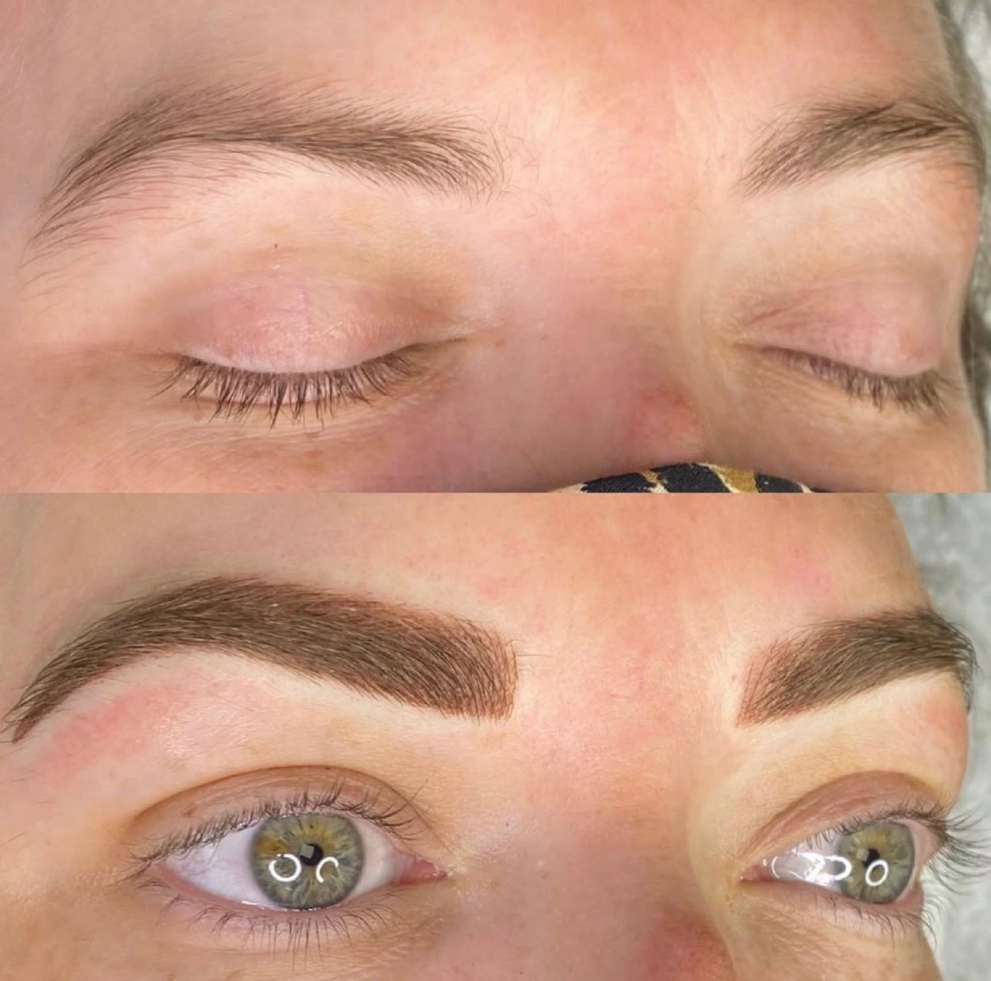 Before and after powder brow permanent makeup — natural arch and soft shading by Rachael Reed, RN, BSN in Austin TX
